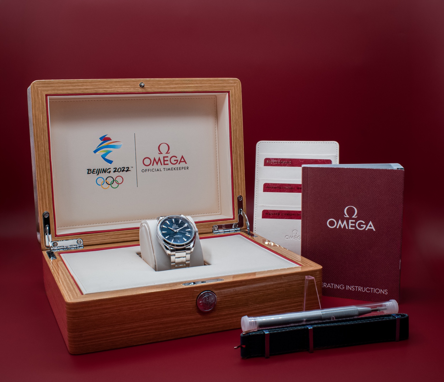 2022 Omega Seamaster Aqua Terra Beijing 2022 full set with Olympic presentation box, cards, booklet, additional strap, and tools